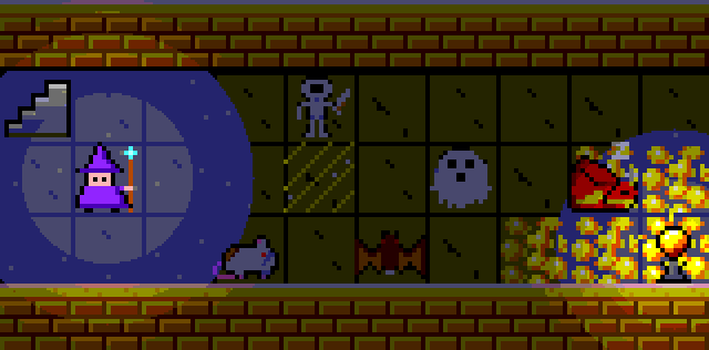 The loading screen: a wizard with a torch in a brick corridor, a skeleton, a ghost, a rat and a bat in the dark, and a dragon on a pile of gold at the far end